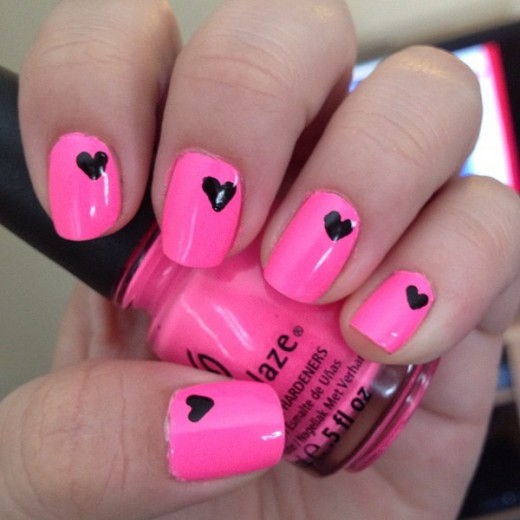 Latest Pink and Black Heart Nail Art Designs 2016