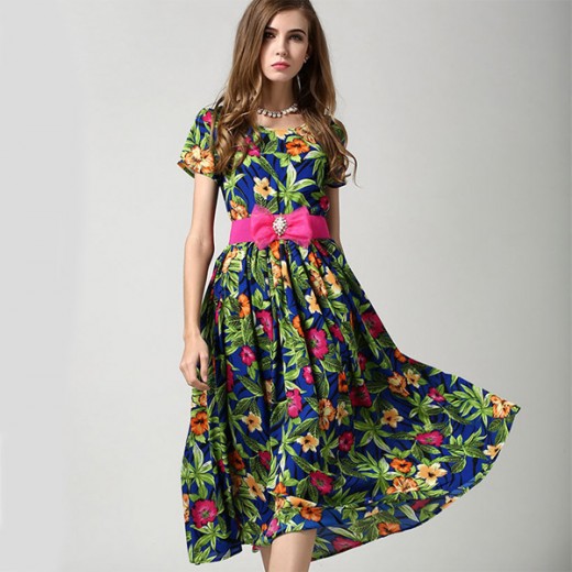 Chiffon Floral Print Maxi Dress With Belt 2016