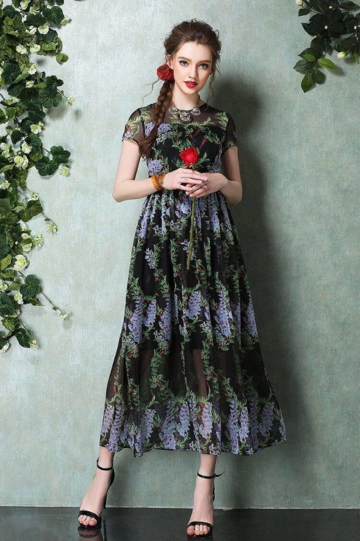 Maxi Long Green Floral Print Dress for Summer
