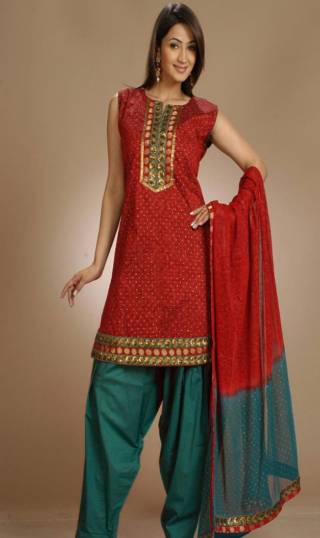 Red-Chanderi-Cotton-Salwar-Kameez-with-Dupatta-Fancy - SheClick.com